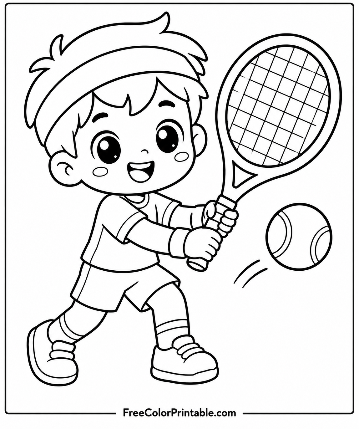 Cute tennis player ready to swing boy Coloring Page — Free Printable — free printable coloring page